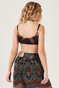 Top Cropped De Tule Com Alças Preto Estampado Yacamim A23