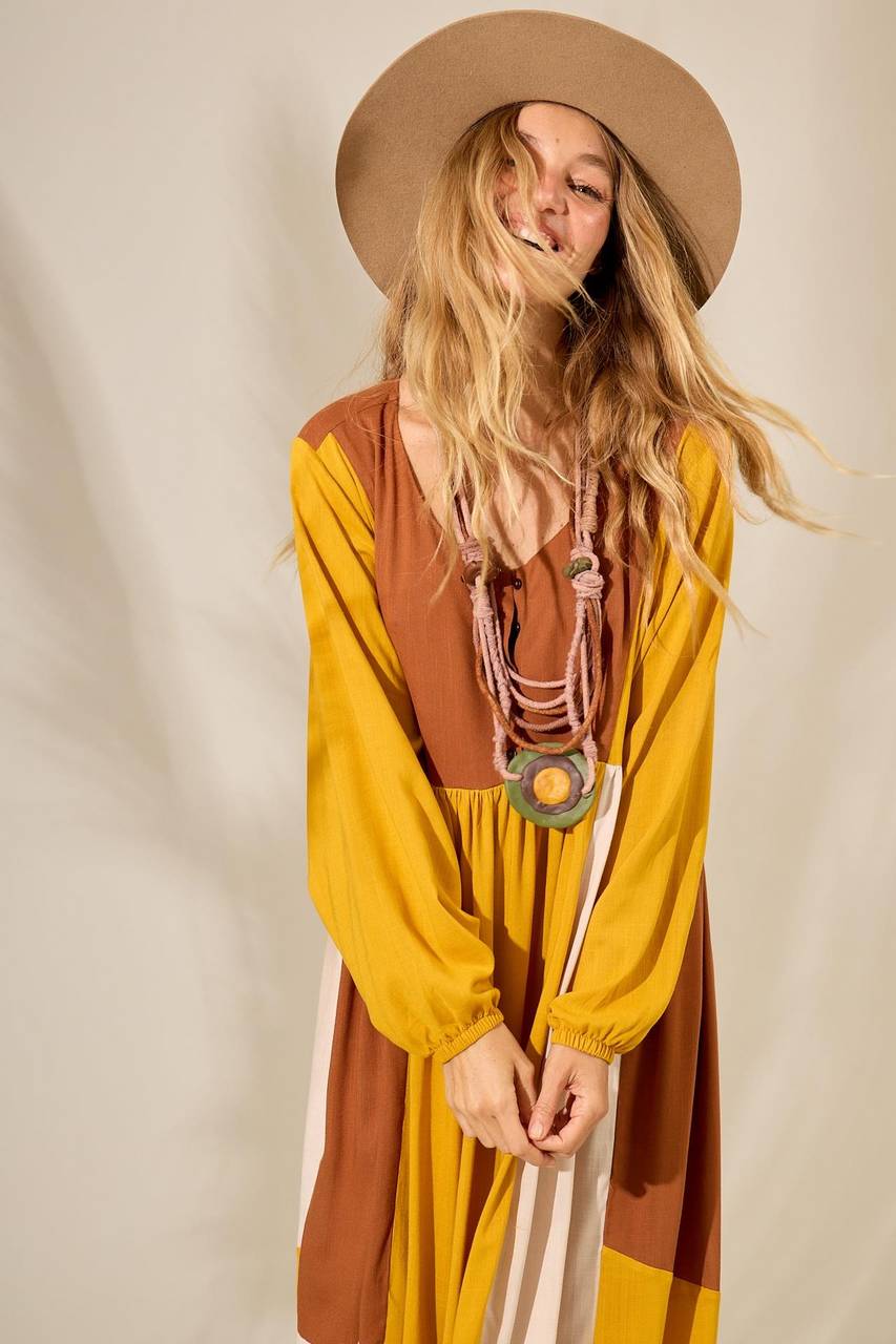 Vestido Midi Com Mangas Longas Bufantes Amarelo Yacamim <br />