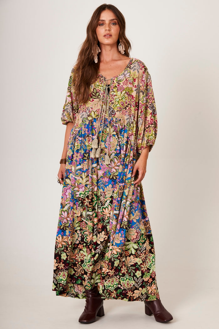 Vestido Longo Com Mangas 3/8 Verde Patchwork Yacamim E14