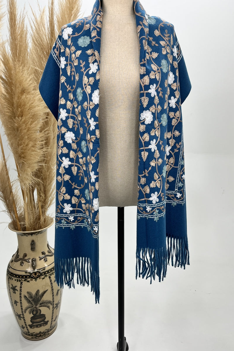 Cachecol Cashmere Azul Petróleo Bordado Yacamim #223