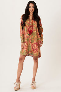 Chemise Ouro Preto 100% Algodão Verde Com Flores Laranjas Yacamim N8