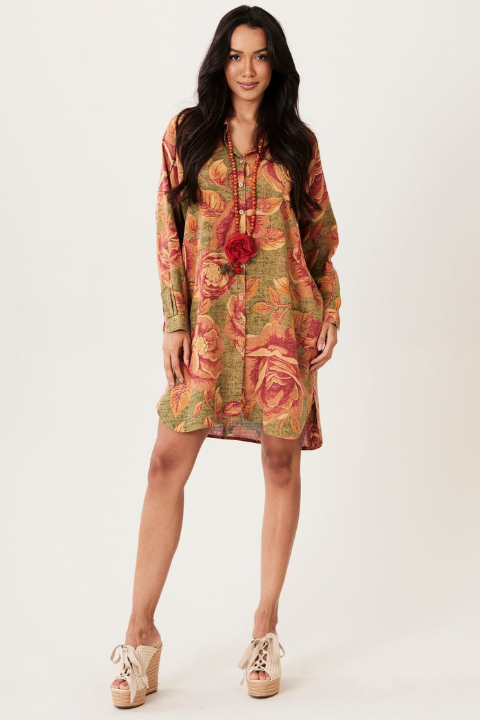 Chemise Ouro Preto 100% Algodão Verde Com Flores Laranjas Yacamim N8