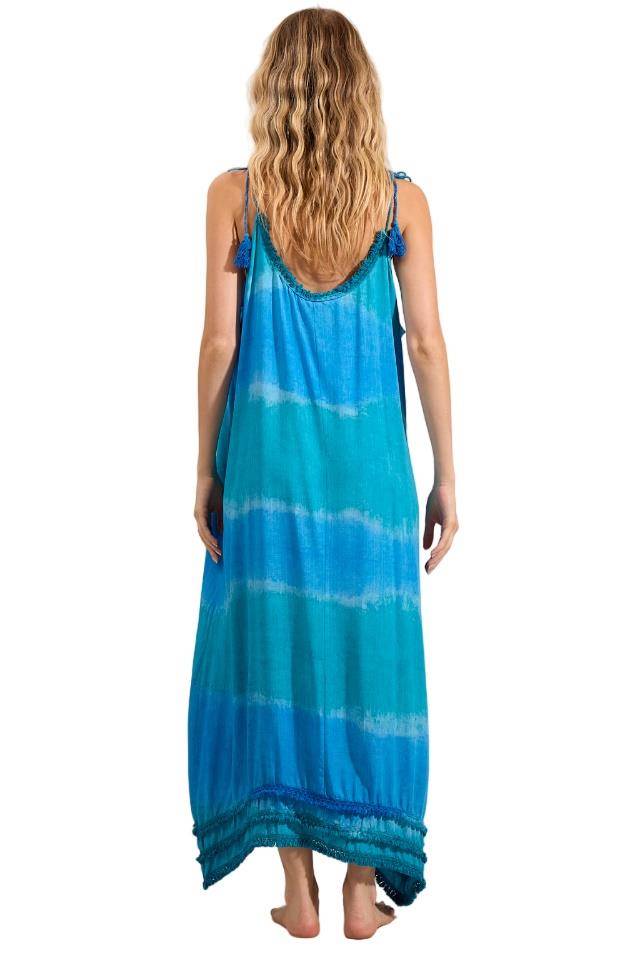 Vestido Midi Alças De Amarrar Com Pompons Azul Tie Dye Digital Yacamim D7