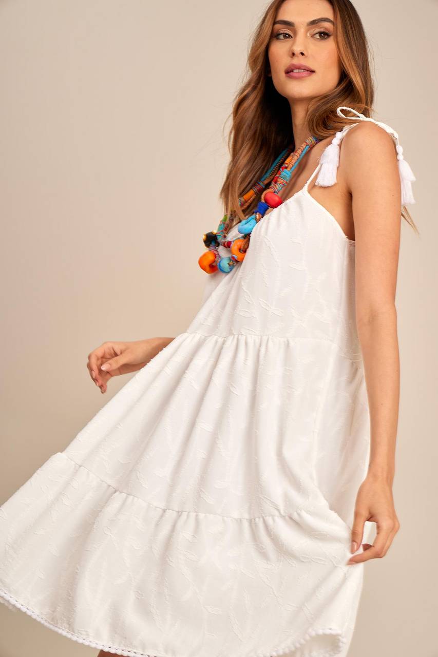 Vestido Curto Com Alças De Amarrar Branco Yacamim D13