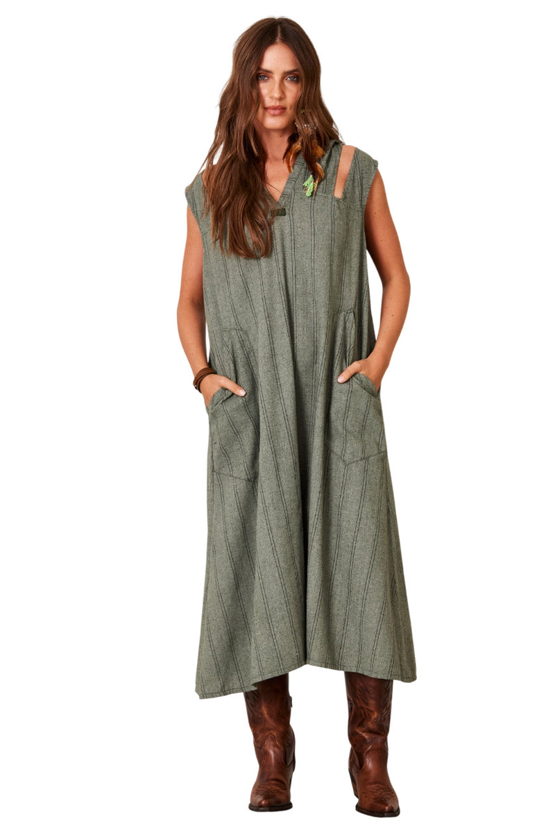 Vestido Midi De Linho Regata Com Capuz Verde Listrado Yacamim C14