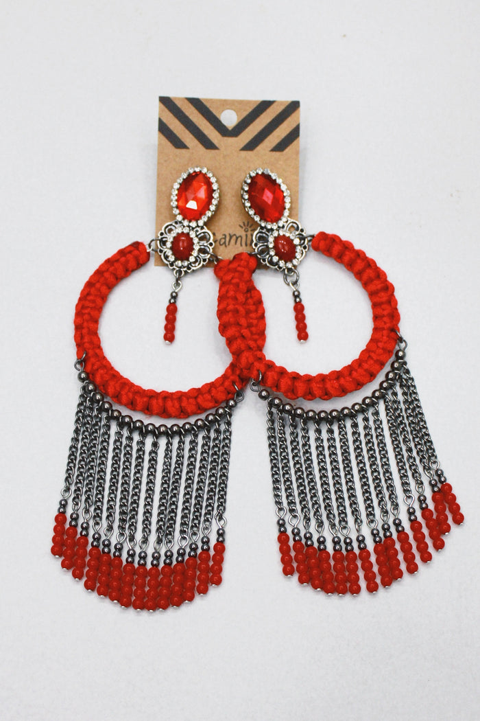 Brinco De Missangas E Macramê Vermelho Yacamim #408