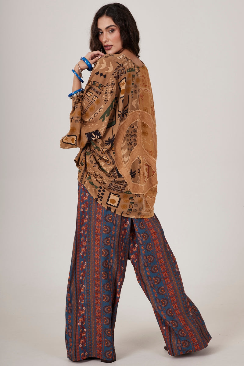 Calça Saruel Pantalona Azul Petróleo Estampado Yacamim G5