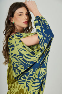 Vestido Longo Com Mangas Longas Verde Estampado Yacamim E7