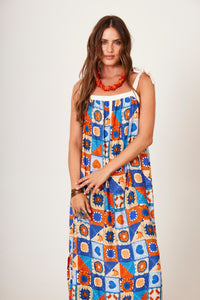 Vestido Longo Com Alças De Amarrar Estampa Geométrica Yacamim C20