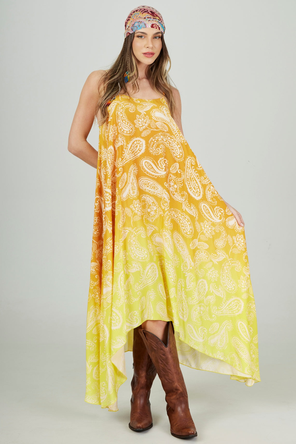 Vestido Longo Amplo Amarelo Degradê Cashmere Yacamim D21