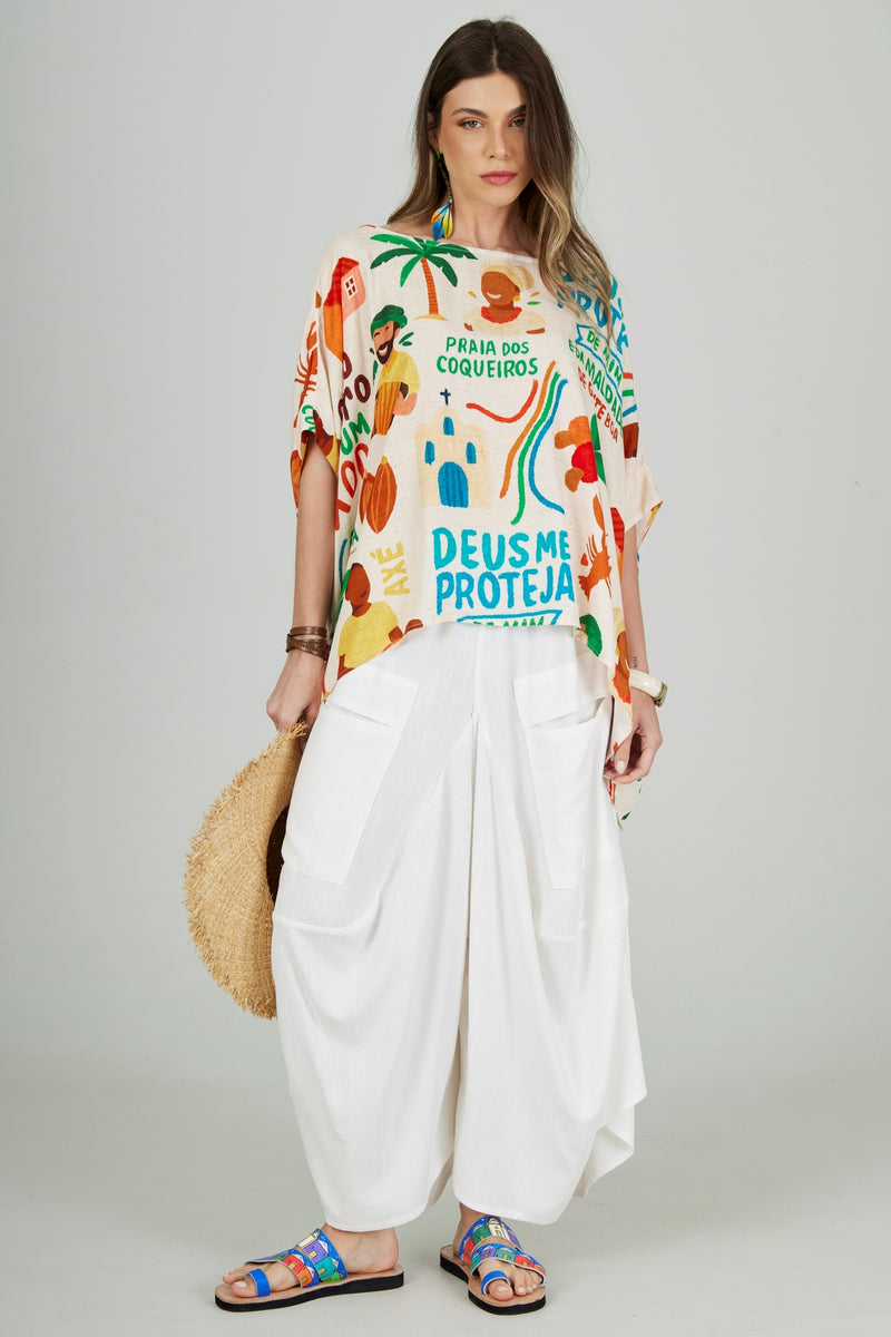 Calça Saruel De Viscolinho Off White Yacamim R3