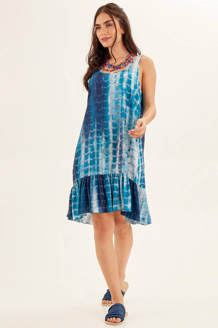 Vestido Curto Regata Azul Estampa Digital Tie Dye Yacamim