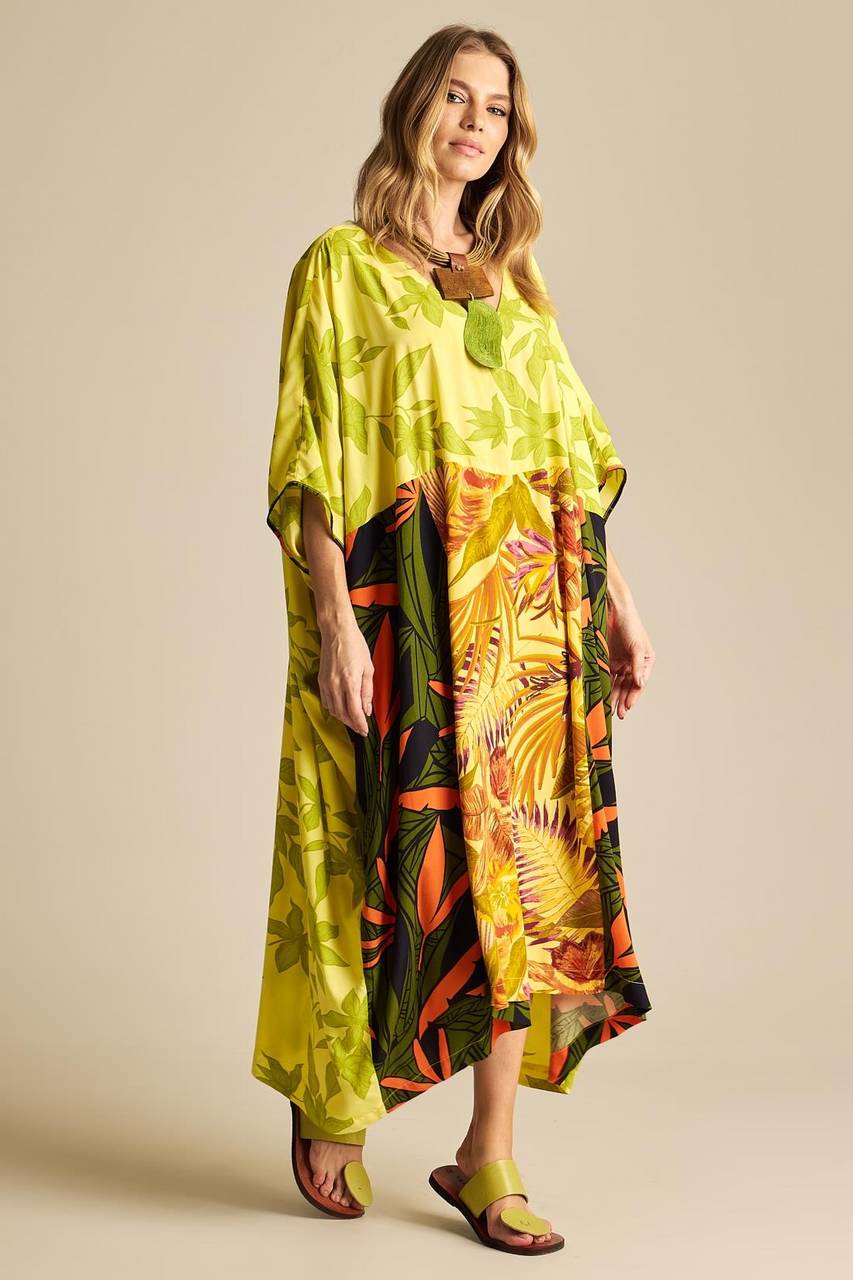 Kaftan Amplo Com Decote Em V Verde Patchwork Yacamim K4