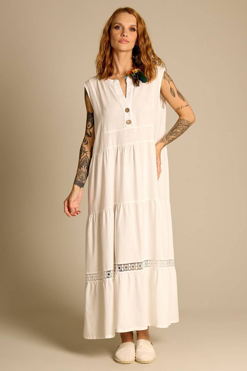 Vestido Midi De Linho Sem Mangas Branco Yacamim D4