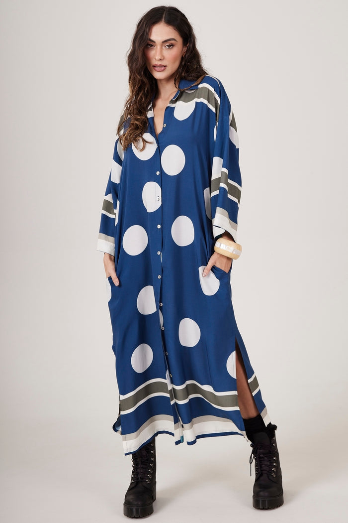 Chemise Midi Amplo Azul Escuro Estampa De Poá Yacamim N8