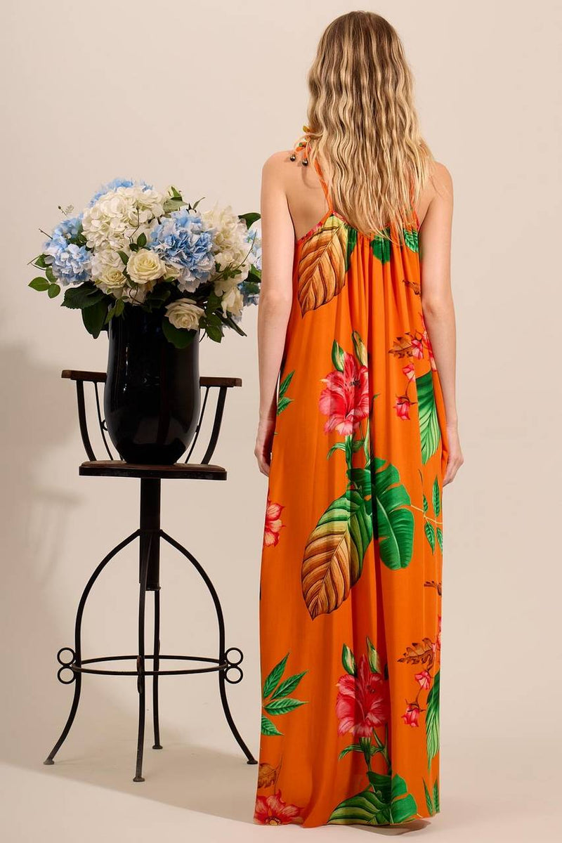 Vestido Longo Com Alças De Amarrar Laranja Estampado Yacamim