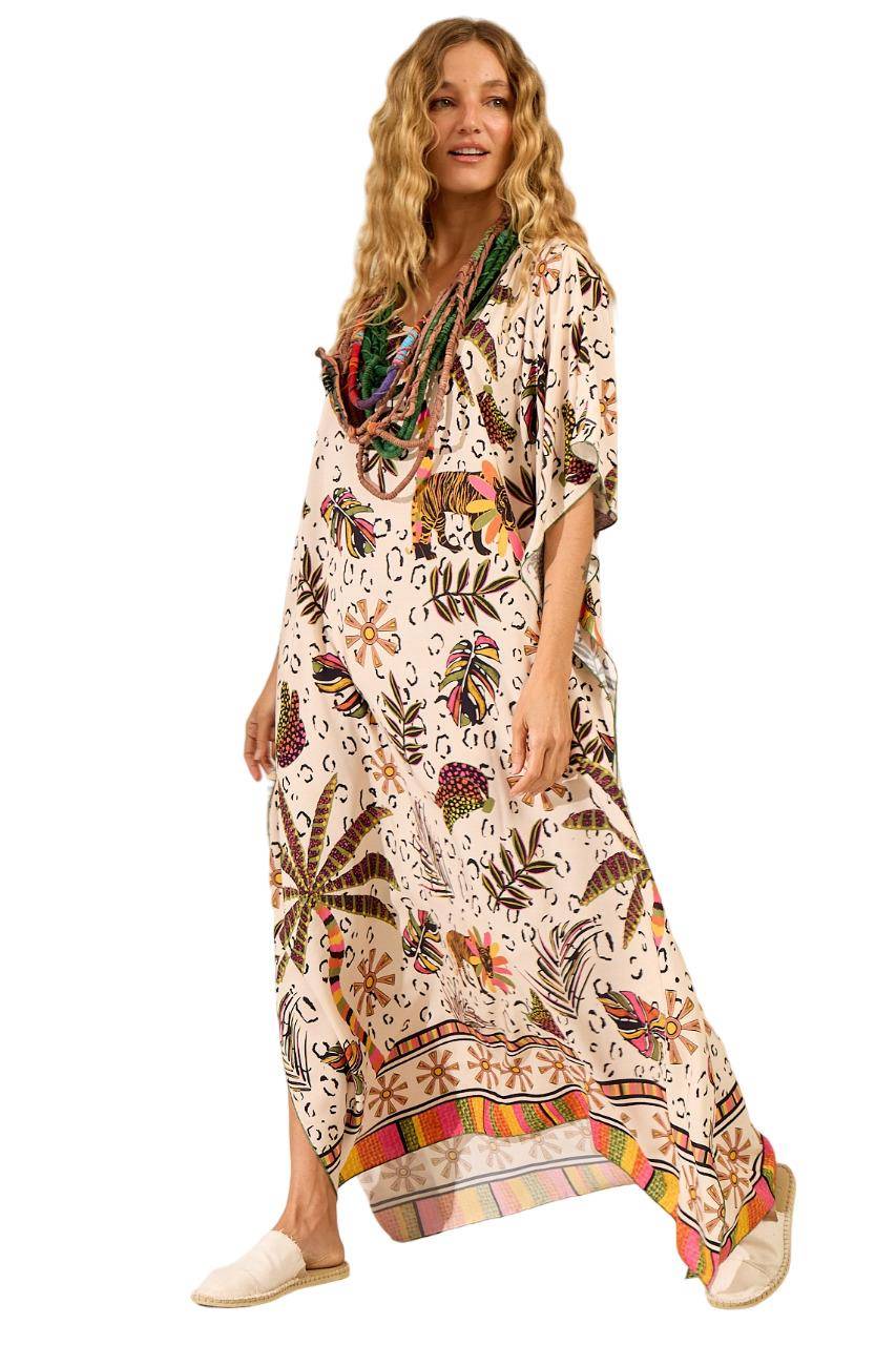 Kaftan Amplo Com Mangas 3/4 Bege Estampado Yacamim