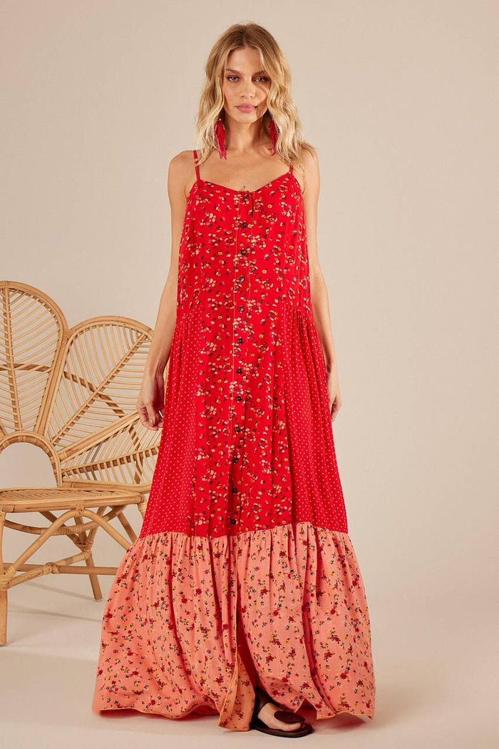 Vestido Chemise Longo De Alcinhas Vermelho Patchwork Yacamim