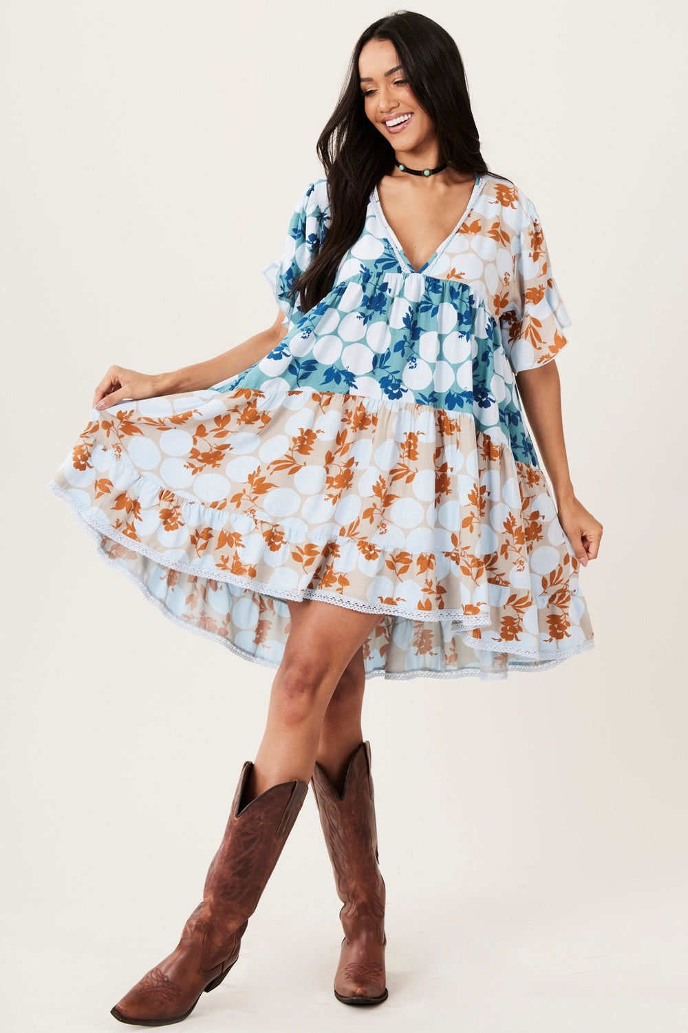 Vestido Curto Soltinho Poá Patchwork Azul Claro Yacamim C2