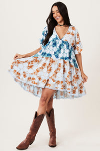 Vestido Curto Soltinho Poá Patchwork Azul Claro Yacamim C2