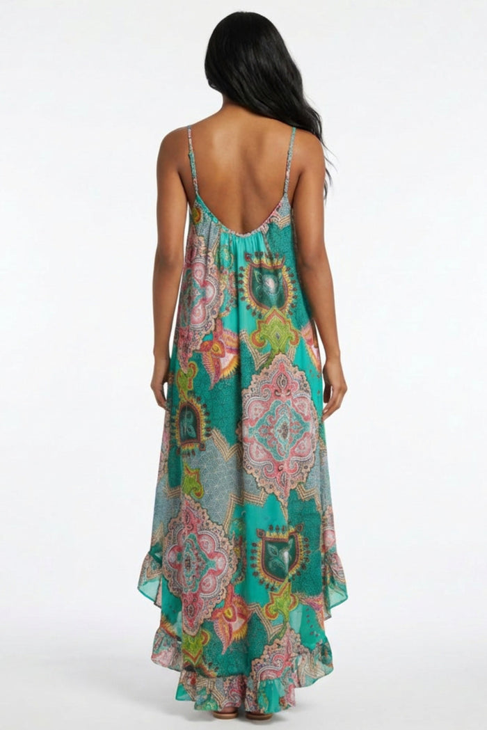 Vestido Longo De Alças Reguláveis Verde Estampado Yacamim C2