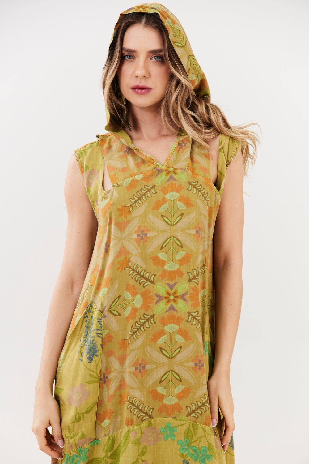 Vestido Midi Verde Patchwork Yacamim E28