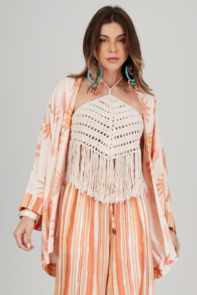 Kimono Curto Rosé Estampa De Coqueiros Yacamim I9