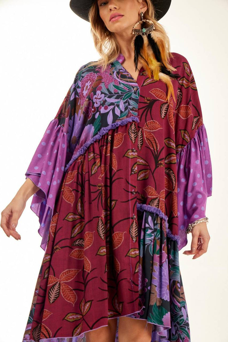 Vestido Chemise Curto Com Babados Assimétricos Patchwork Roxo Yacamim<br />
<p>
</p>