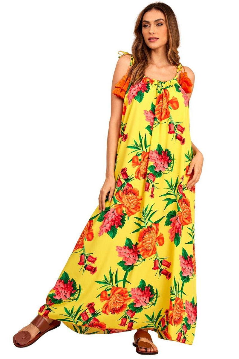 Vestido Longo Básico Com Alças De Amarrar Amarelo Estampado Yacamim