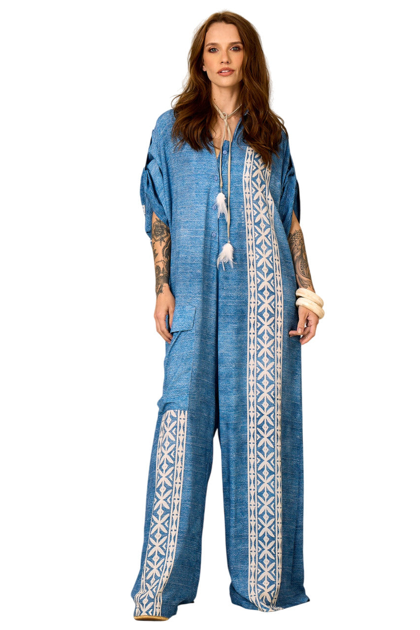 Macacão Longo Pantalona Azul Estampado Yacamim O1