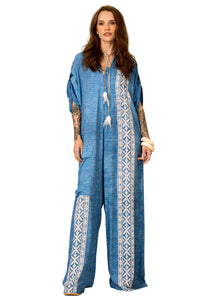 Macacão Longo Pantalona Azul Estampado Yacamim O1