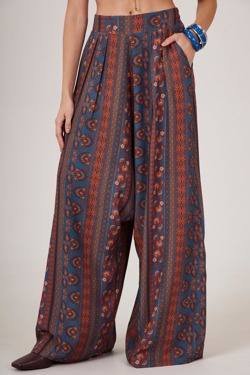 Calça Saruel Pantalona Azul Petróleo Estampado Yacamim G5