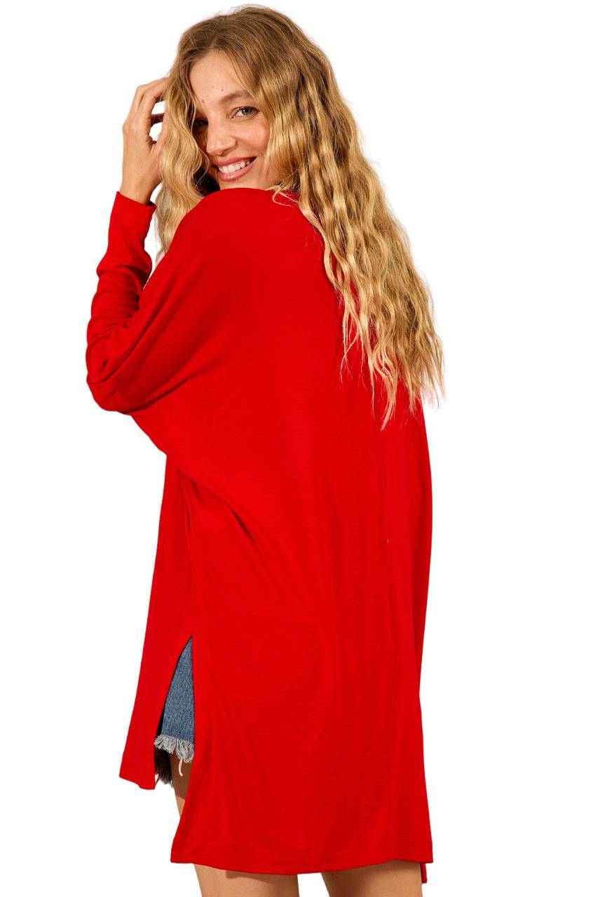 Blusa Ampla Básica Alongada Com Decote Em V Vermelho Yacamim B5