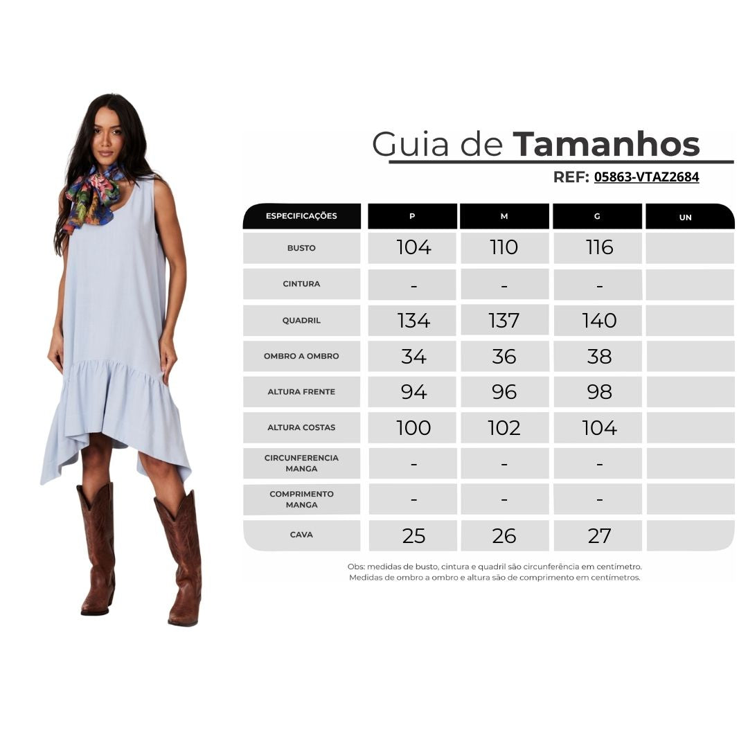 Vestido Curto Regata De Viscolinho Com Pontas Azul Claro Yacamim D15