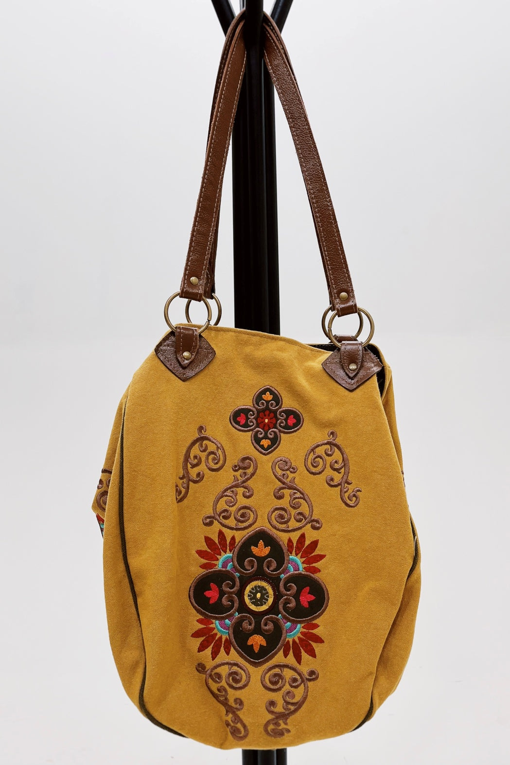 Bolsa De Lona Grande Artesanal Com Bordados Yacamim #779