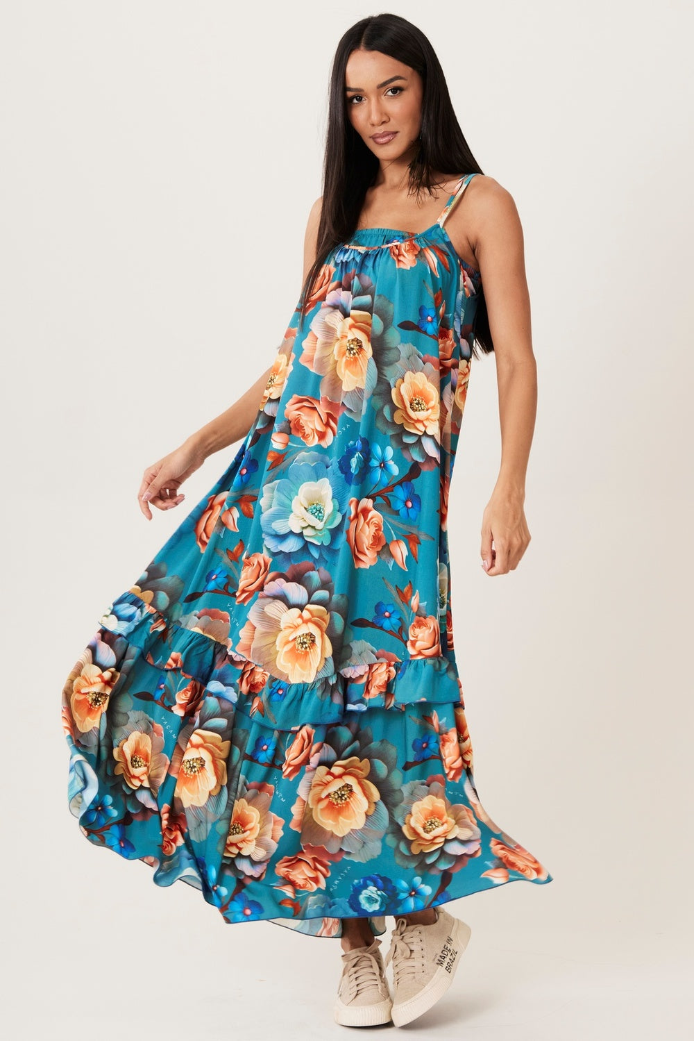 Vestido Longo Alças Com Top Turquesa Estampado Yacamim D29