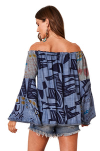 Bata Ciganinha Com Mangas Flare Azul Patchwork Yacamim B21