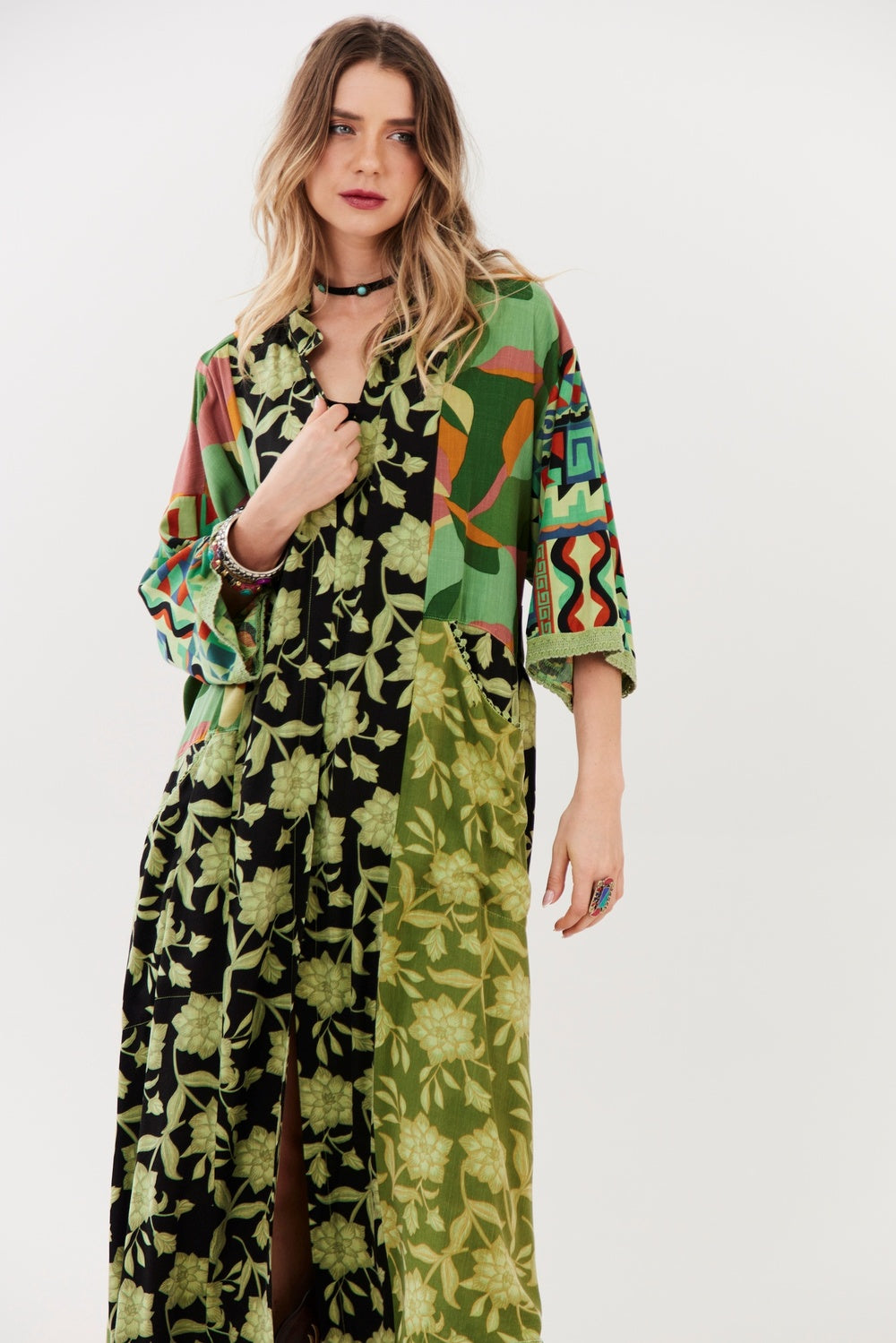 Kimono Midi Verde Patchwork Yacamim J3