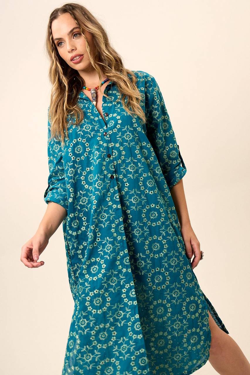 Chemise Broderie Midi Com Mangas 3/8 Verde Escuro Yacamim