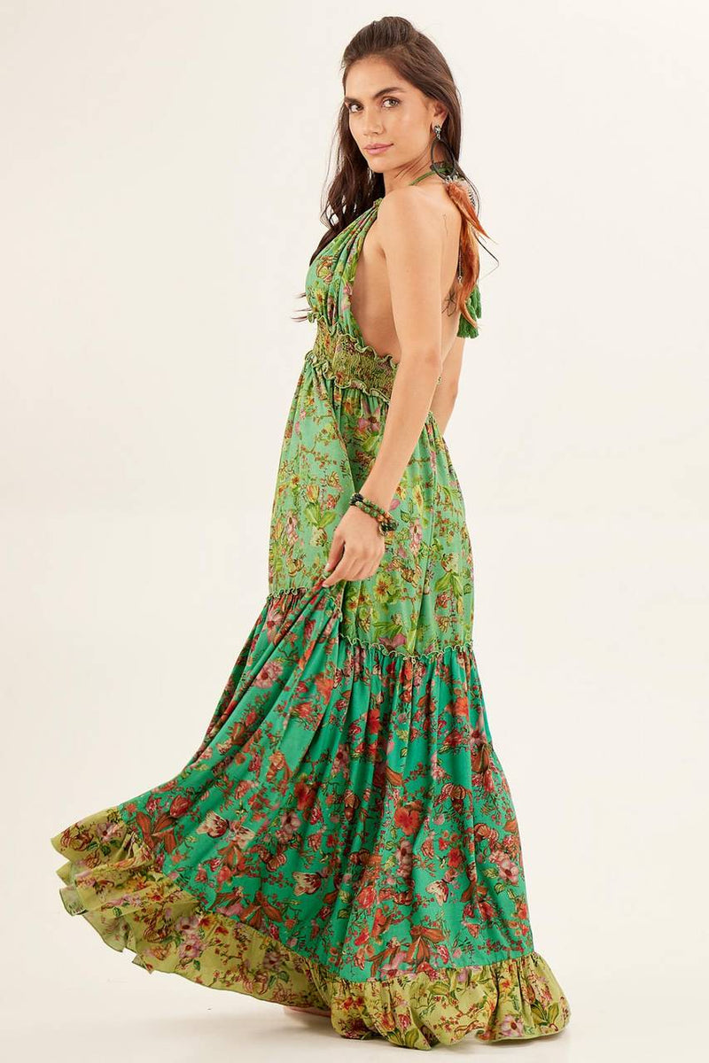 Vestido Longo De Frente Única Verde Patchwork Yacamim