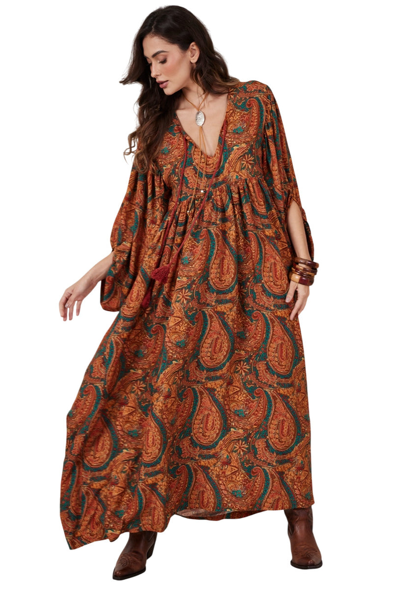 Vestido Longo Marrom Estampa Cashmere Yacamim D6
