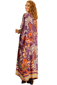 Kaftan Longo Amplo Com Decote Em V Roxo Escuro Estampado Yacamim J6