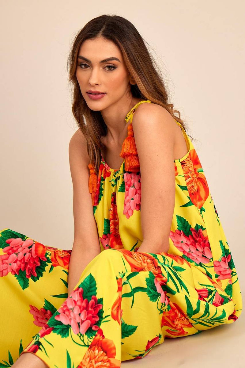 Vestido Longo Básico Com Alças De Amarrar Amarelo Estampado Yacamim