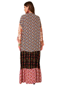 Kimono Longo Com Franjinhas Rosa Estampa Patchwork Yacamim J2