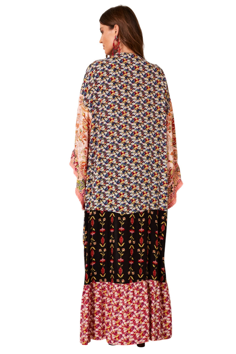Kimono Longo Com Franjinhas Rosa Estampa Patchwork Yacamim J2