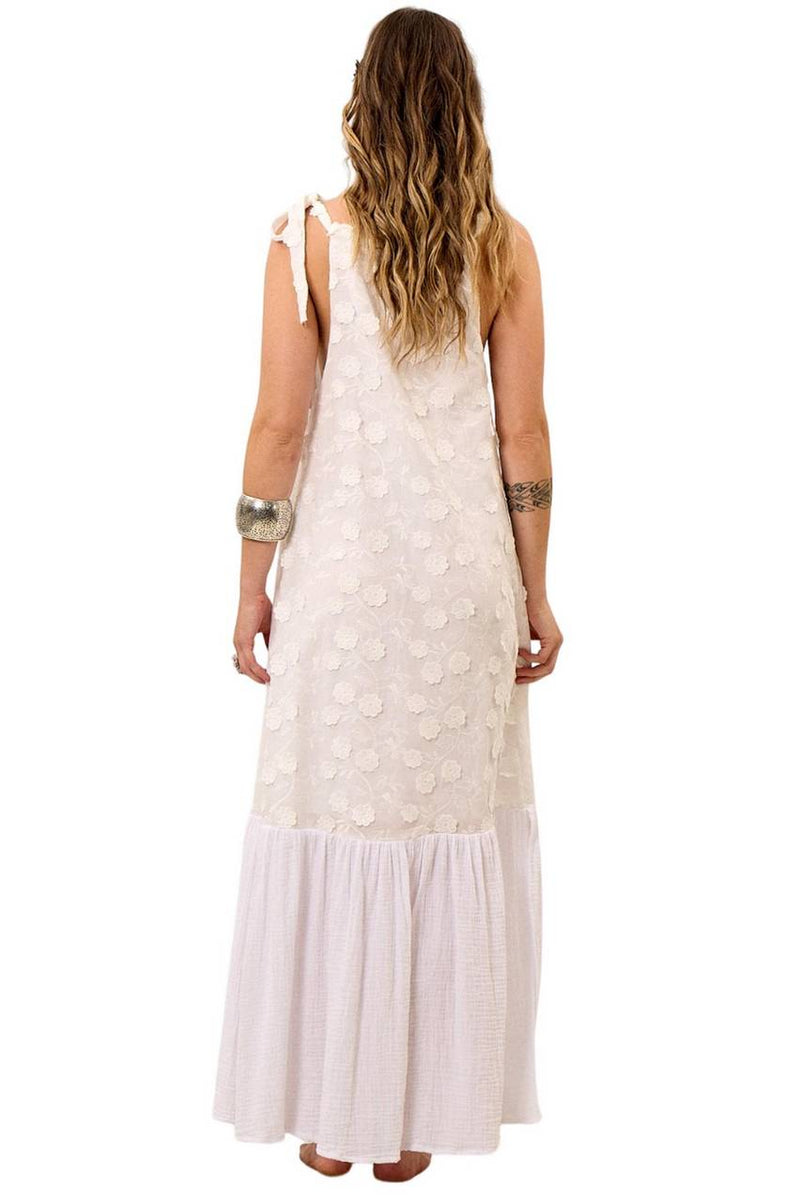 Vestido Longo Com Alças De Amarrar E Flores Bordadas Branco Yacamim