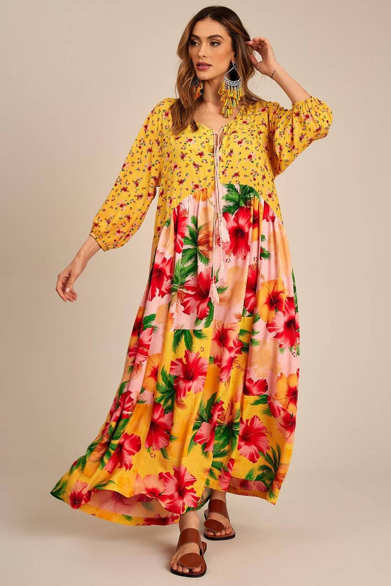 Vestido Midi Composê Amarelo Floral Patchwork Yacamim