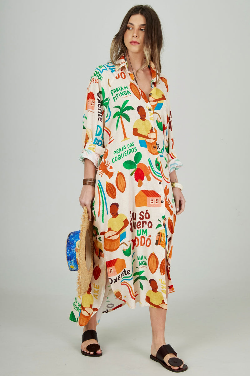 Chemise Midi Bege Estampado Coleção Bahêa Yacamim R10
