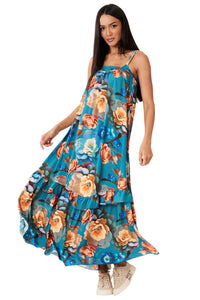 Vestido Longo Alças Com Top Turquesa Estampado Yacamim D29