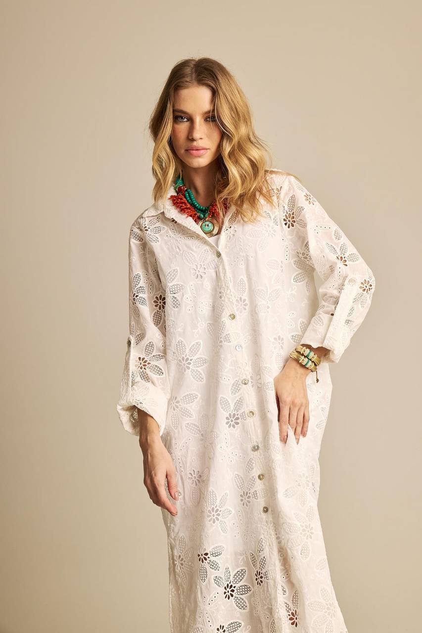 Chemise Longo Broderie Branco Yacamim N4